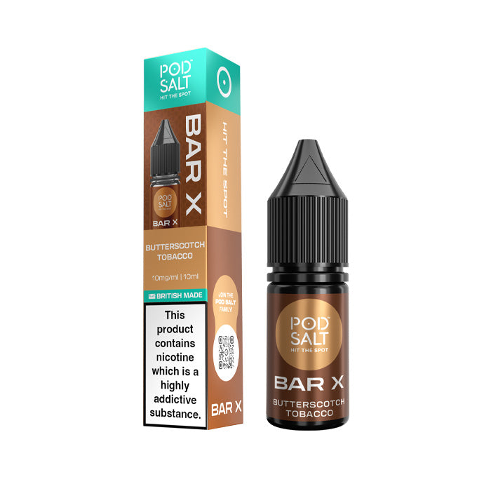Butterscotch Tobacco Pod Salt Bar X Nic Salt Bottle and Box
