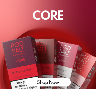 Pod Salt Core 10ml Nic Salt Boxes on red background