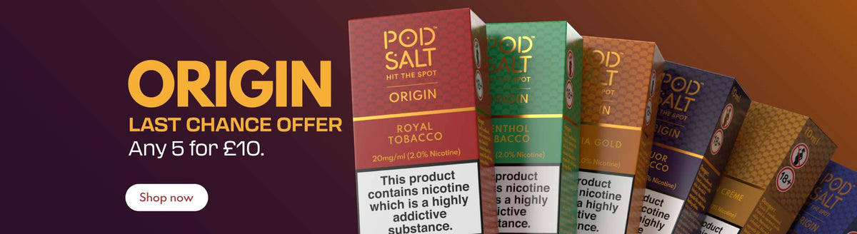 Promo banner showing 6 different colour boxes for Pod Salt Origin E-Liquids