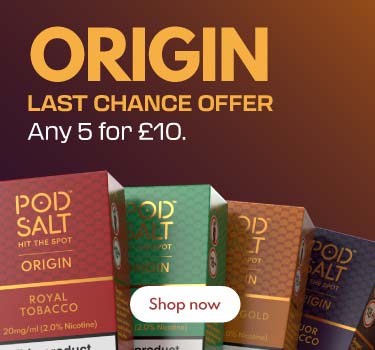 Promo banner showing 4 different colour boxes for Pod Salt Origin E-Liquids