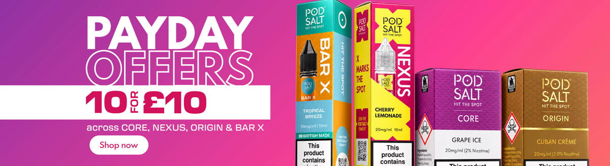 Four boxes for nic salt e-liquids from Pod Salt Bar X, Nexus, Core and Origin ranges. All on a pink background.