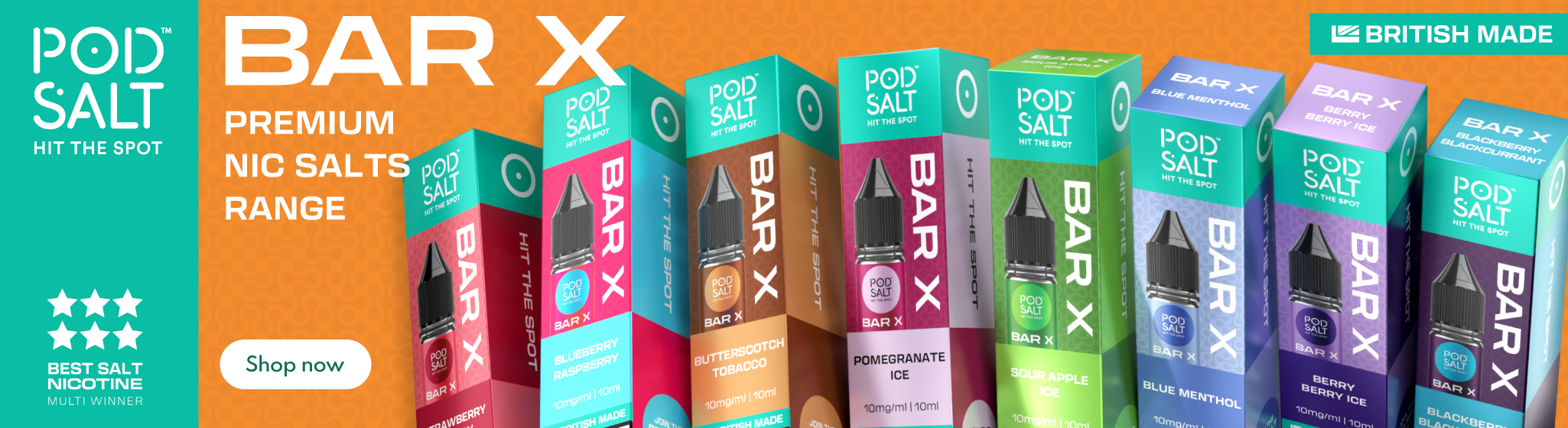 A banner for POD SALT BAR X Premium Nig Salts Range, showing multiple colorful product boxes in a row against an orange and teal background with a 'Shop now' button.