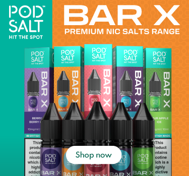 A banner for POD SALT BAR X Premium Nig Salts Range, showing multiple colorful product boxes in a row against an orange and teal background with a 'Shop now' button.