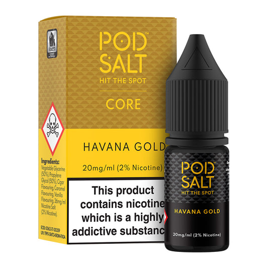 A bottle of POD SALT Havana Gold e-liquid next to its yellow and white packaging box.
