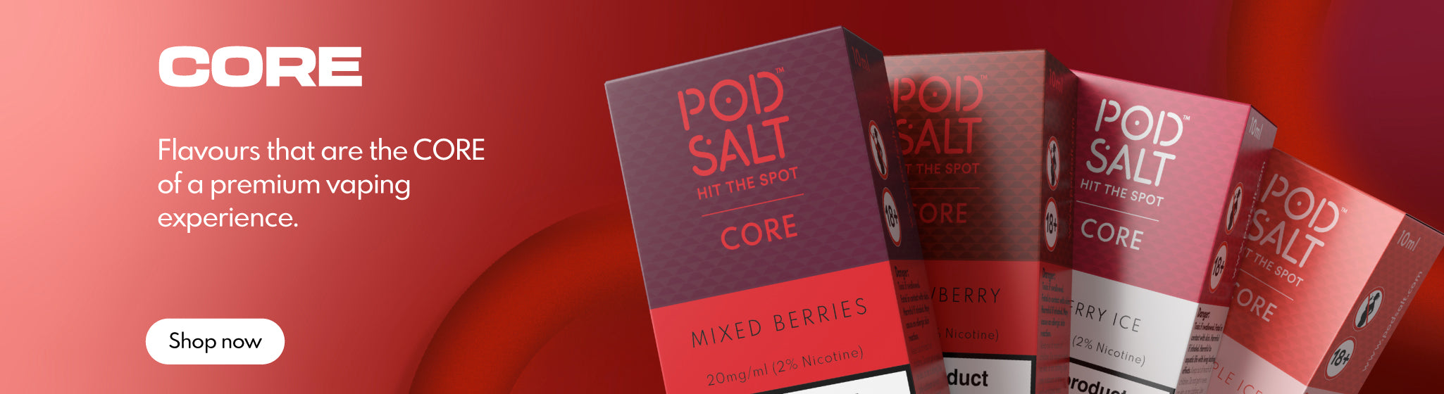 4 Pod Salt Core E-Liquid Boxes on a red background