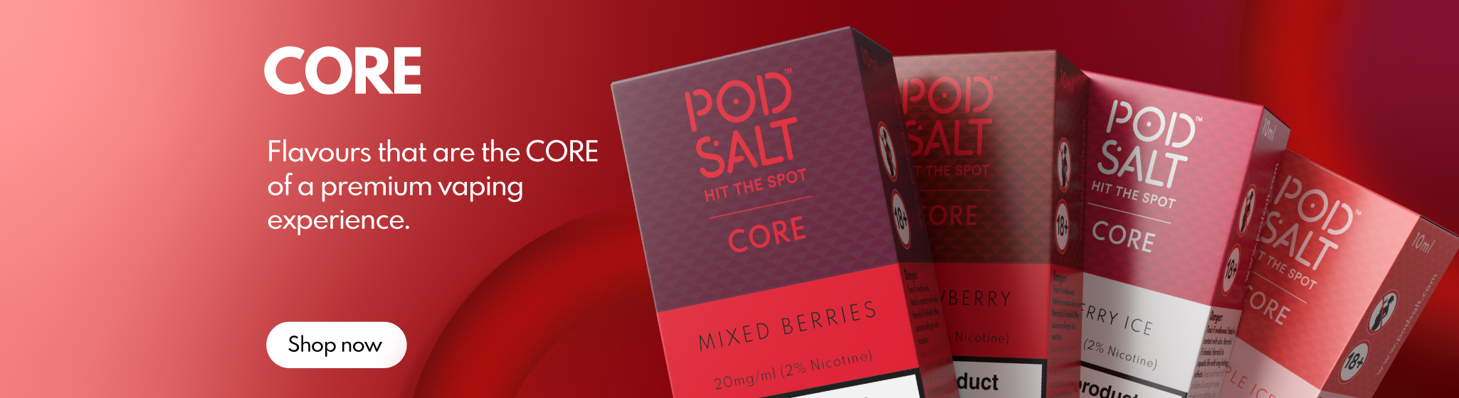 Pod Salt Core 10ml Nic Salt Boxes on red background