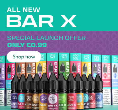 A  banner for BAR X e-liquid vape products, showing multiple colorful flavour boxes and black bottles lined up against a purple and teal background with marketing text.