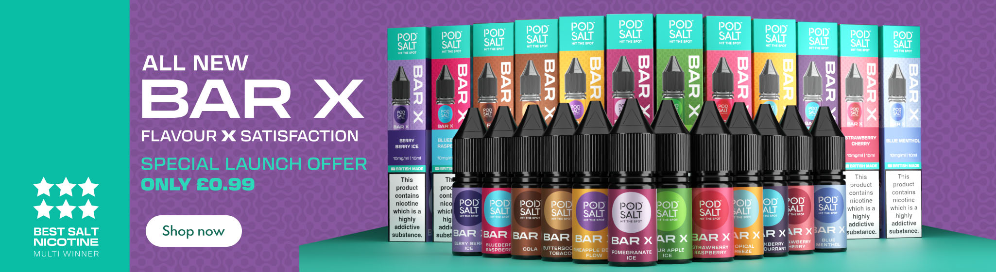 A  banner for BAR X e-liquid vape products, showing multiple colorful flavour boxes and black bottles lined up against a purple and teal background with marketing text.