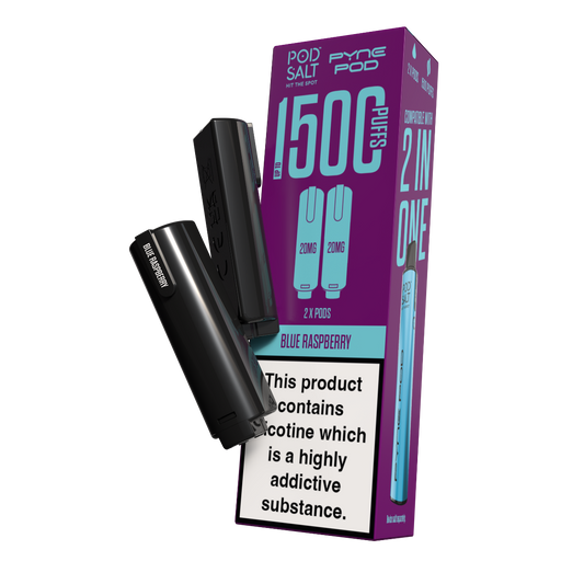 A product image showing a box of Pod Salt Pyne Pod 2 in One Pods in blue raspberry flavor, along with a Pyne Pod device. The box indicates the product contains nicotine.