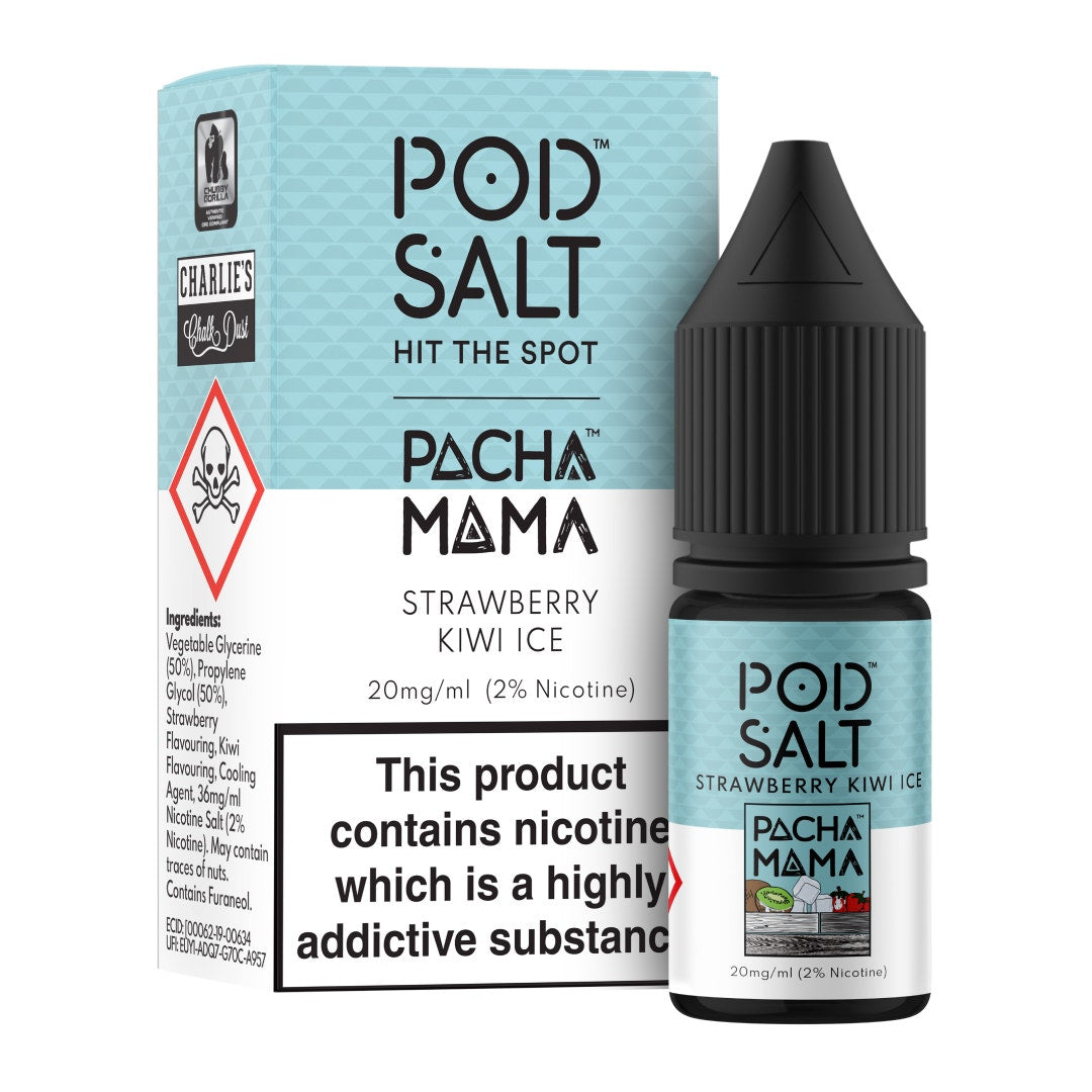 Pod Salt Charlies Chalk Dust Pacha Mama Strawberry Kiwi Ice 10ml Nicotine Salt E-Liquid Fusion
