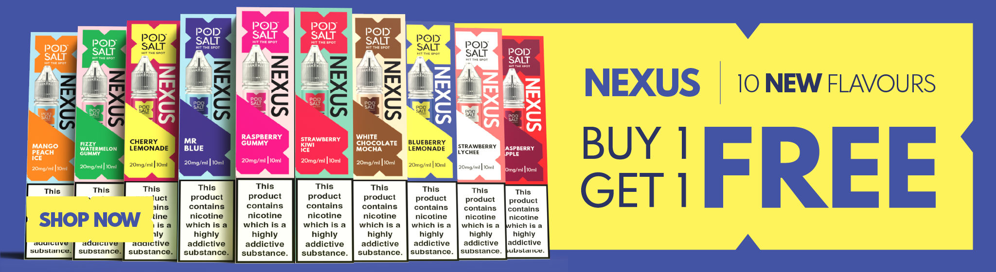 Promotional banner for Nexus e-liquid new flavors and a buy one get one free offer.