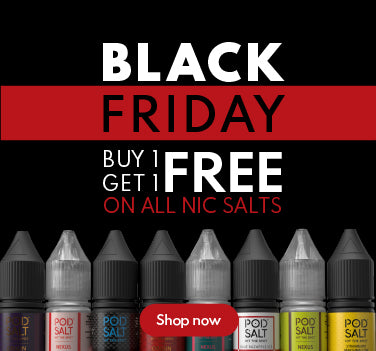 Black Friday sale banner for nicotine salts with a row of e-liquid bottles.