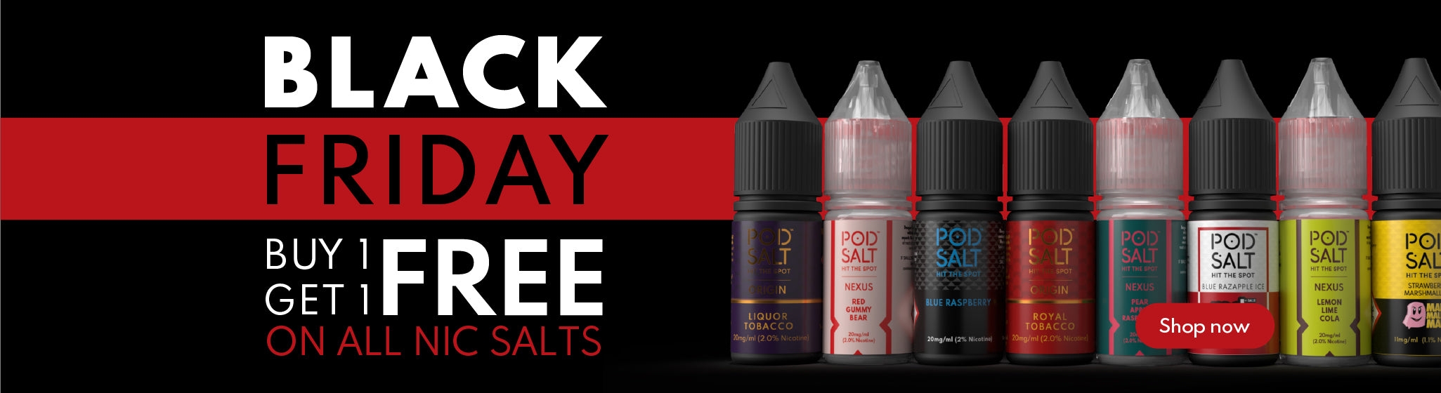 Black Friday sale banner for nicotine salts with a row of e-liquid bottles.
