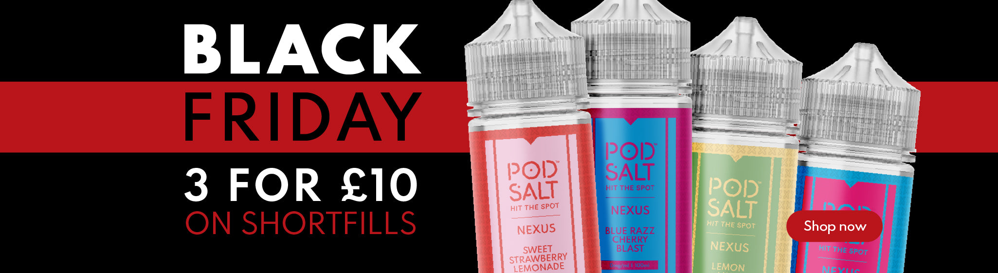 Four pod salt e-liquid bottles with a Black Friday promotional banner in the background.