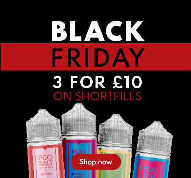 Four pod salt e-liquid bottles with a Black Friday promotional banner in the background.